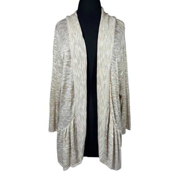 ALC Sweaters - ALC Long Sleeve Shawl Collar Slub Ruffle Open Cardigan Tan White Sz 3X Vintage